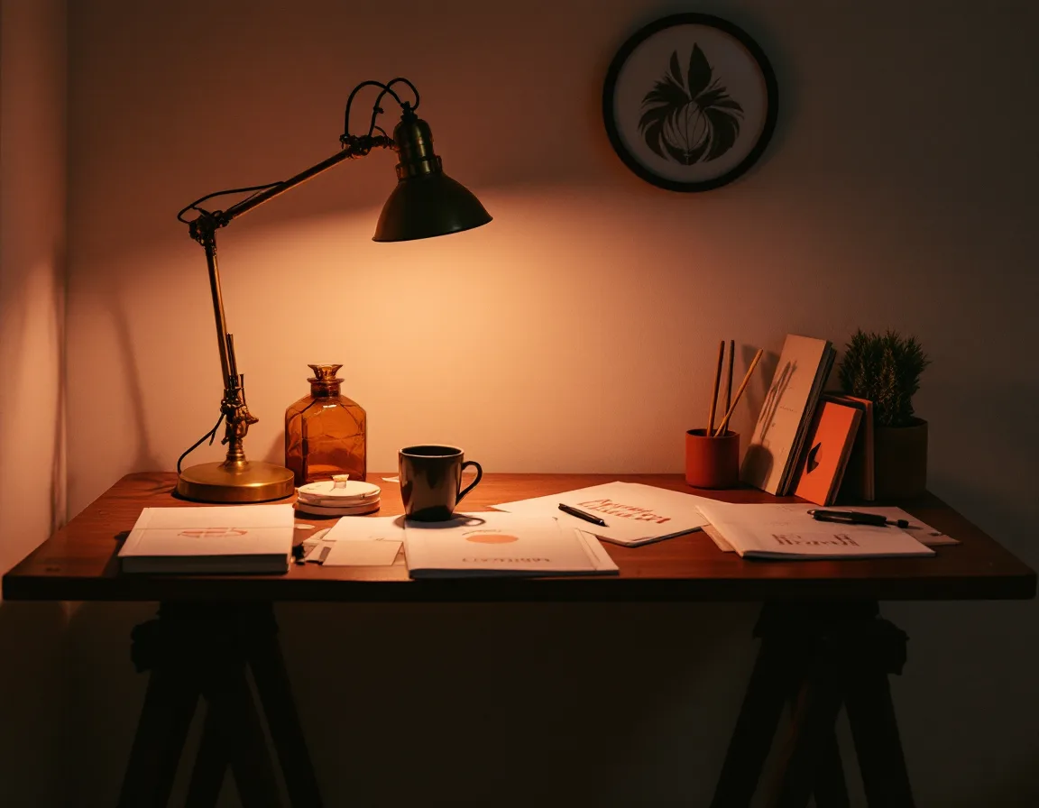 A lamplit studio bench with cover proofs, tea, and lettering tools