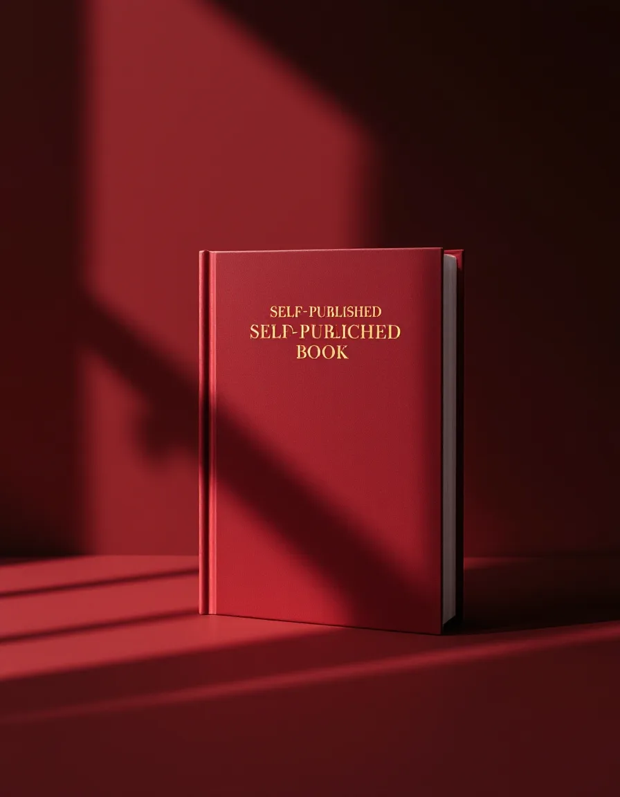 A self-published hardcover standing in warm lamplight, gold title embossed on the spine