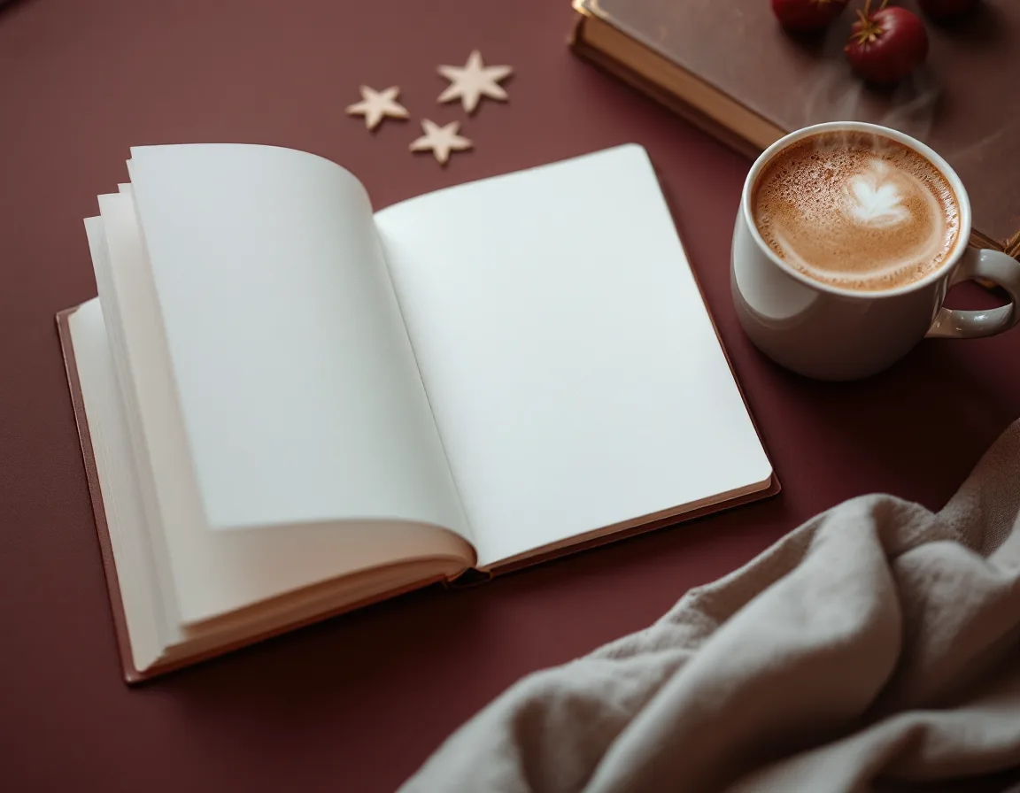 A notebook with margin notes beside a mug on a dark desk